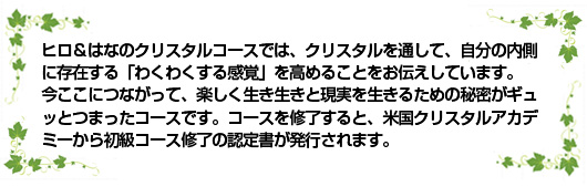 ヒロ&はなのクリスタルコースでは、クリスタルを通して、
自分の内側に存在する「わくわくする感覚」を高めることをお伝えしています。
今ここにつながって、楽しく生き生きと現実を生きるための秘密がギュッとつまったコースです。
コースを修了すると、米国クリスタルアカデミーから初級コース修了の認定書が発行されます。、