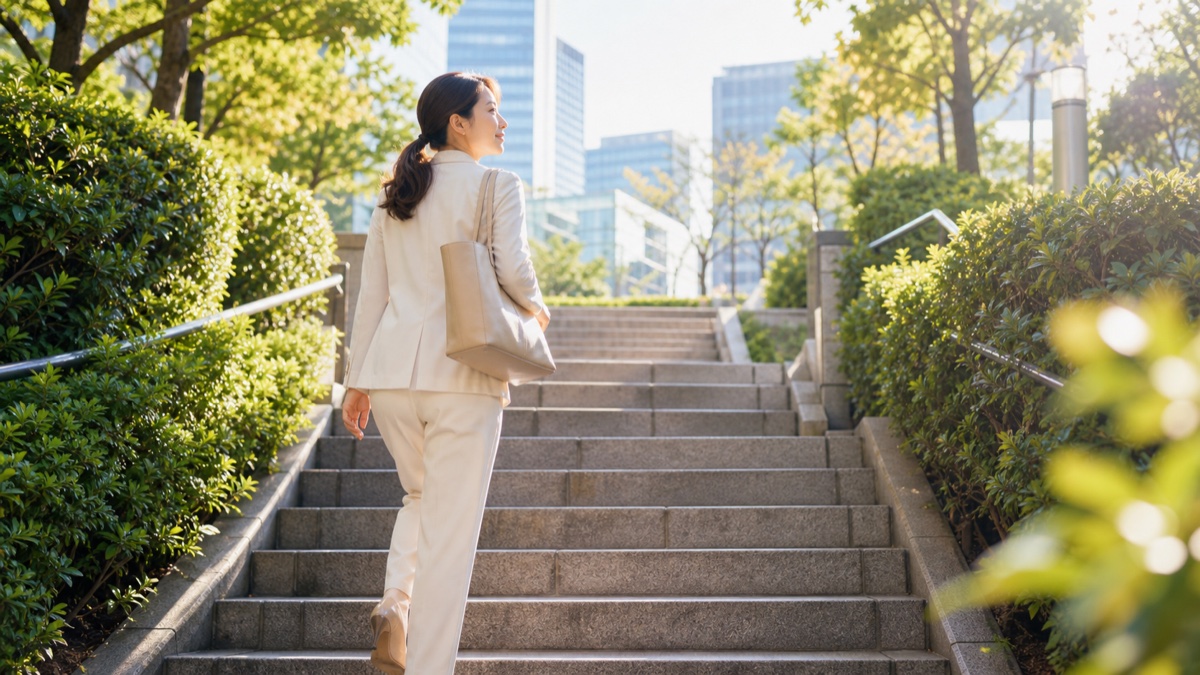 階段を上り、現実の一歩へつなげる女性