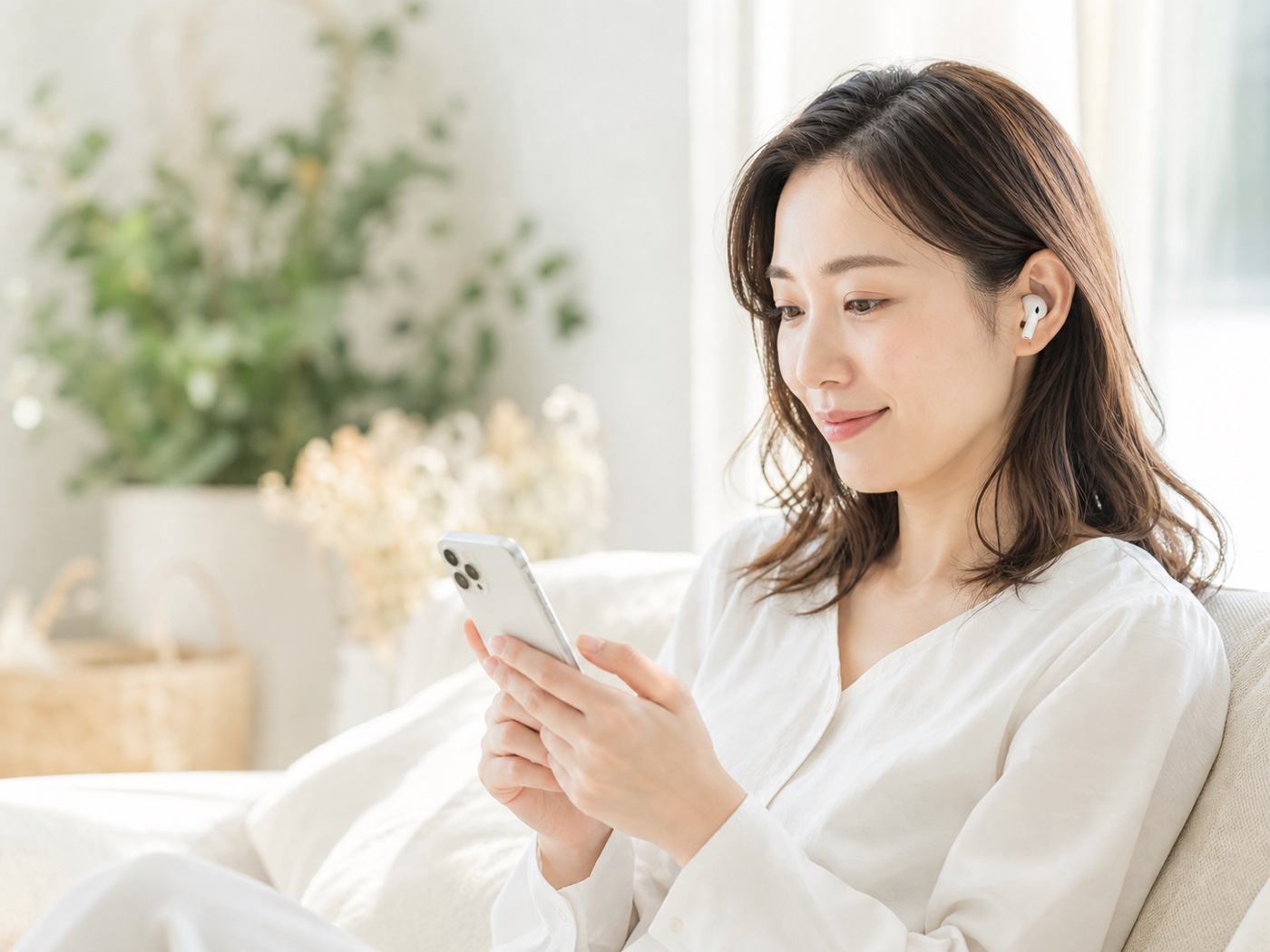 スマートフォンで振り返り音源を聴く女性