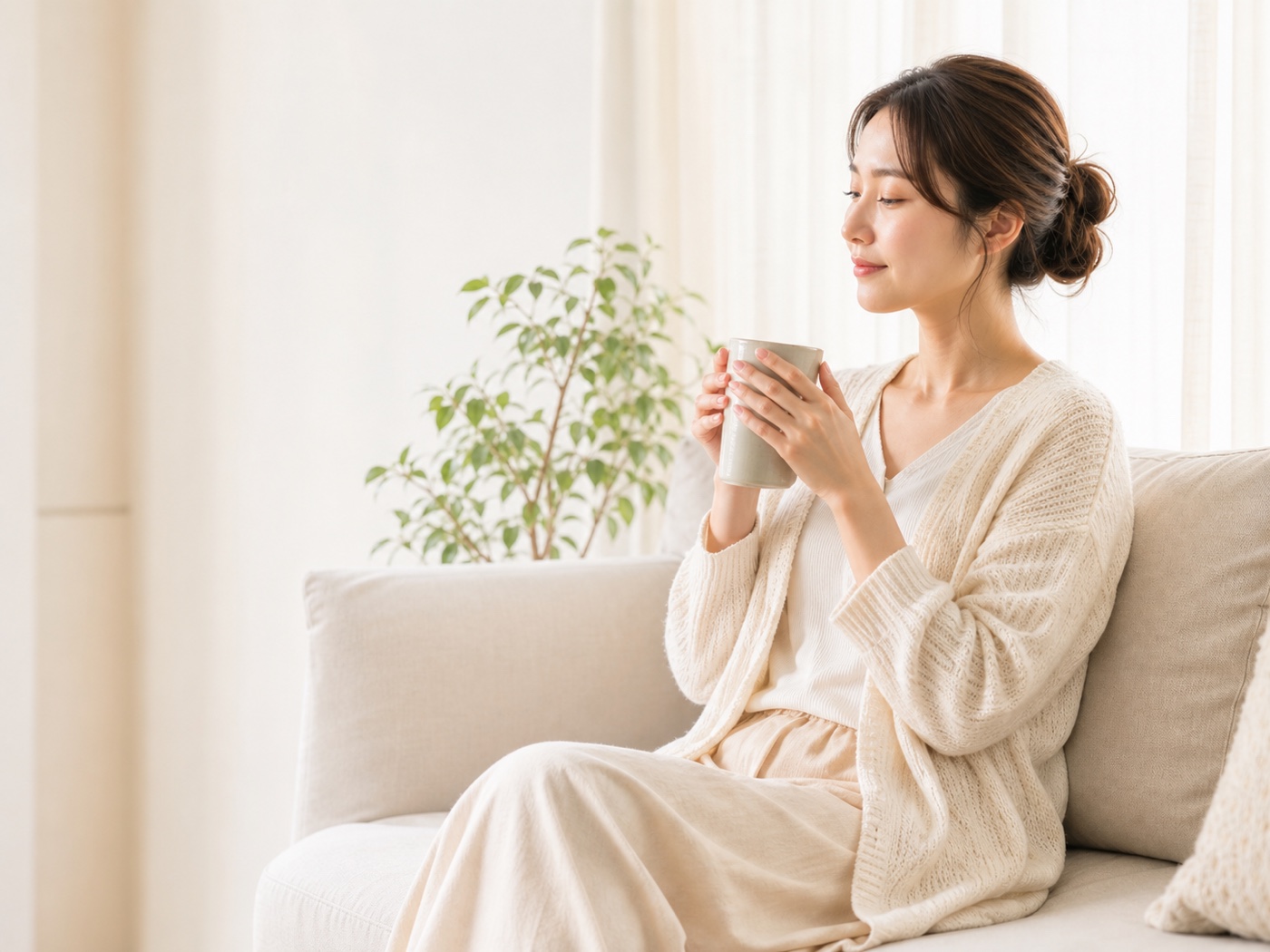 自宅で温かい飲み物を手に静かに過ごす女性